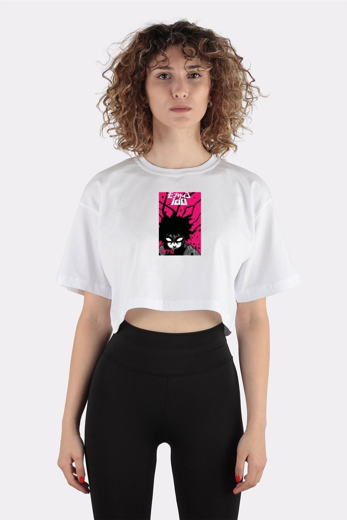 

Beyaz %100 Pamuk Bisiklet Yaka Crop T-shirt Shigeo Kageyama (mob)