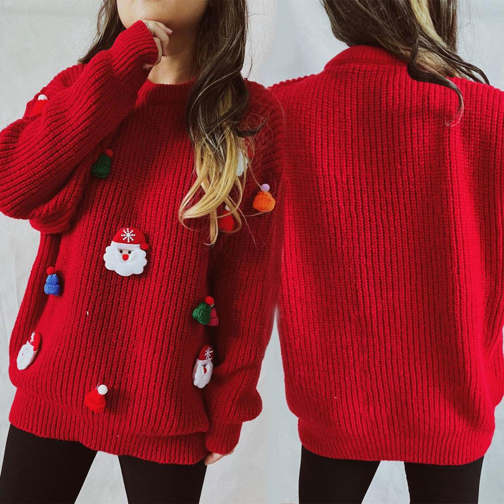 Women Christmas Sweater Santa Claus Xmas Hat Decor Loose Fit Knitting Tops Round Neck Long Sleeve Autumn Winter Sweater