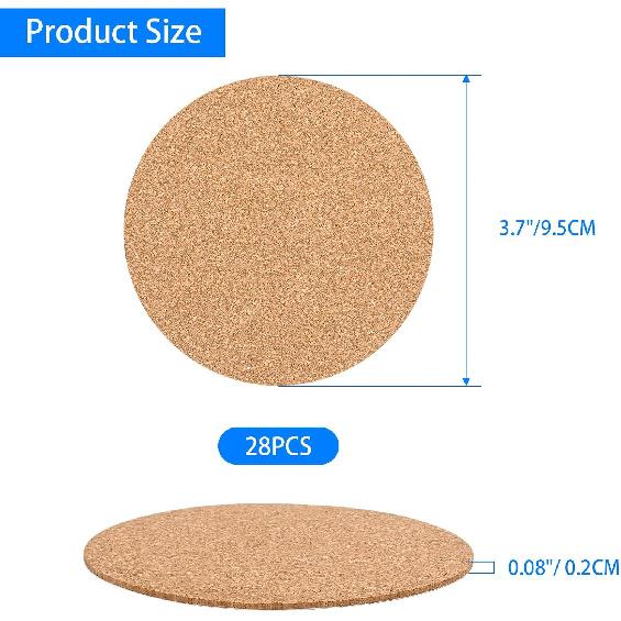 28PCS Self-Adhesive Cork for DIY Coasters (Thickness: 2MM), 3.74" Round Coasters for DIY Crafts, Drinks and Home Tabletop Decoration, with Strong