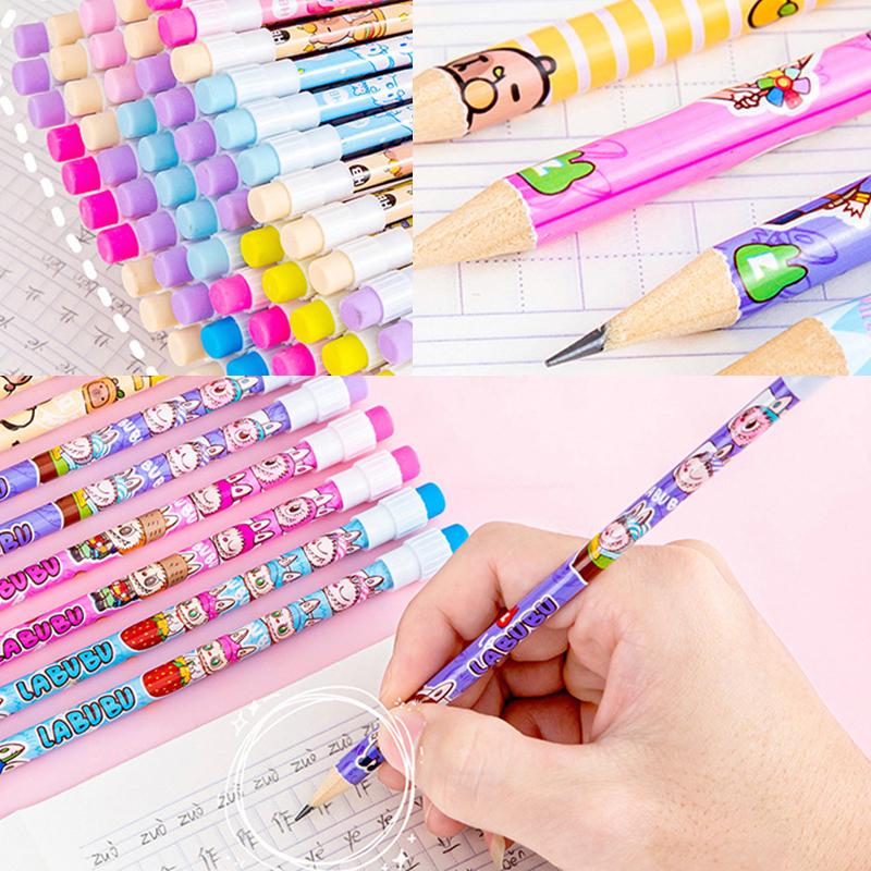 10Pcs Wooden Pencils With Eraser Cartoon Pencils With Colorful Eraser Office Supplies Student Stationery Birthday Gifts