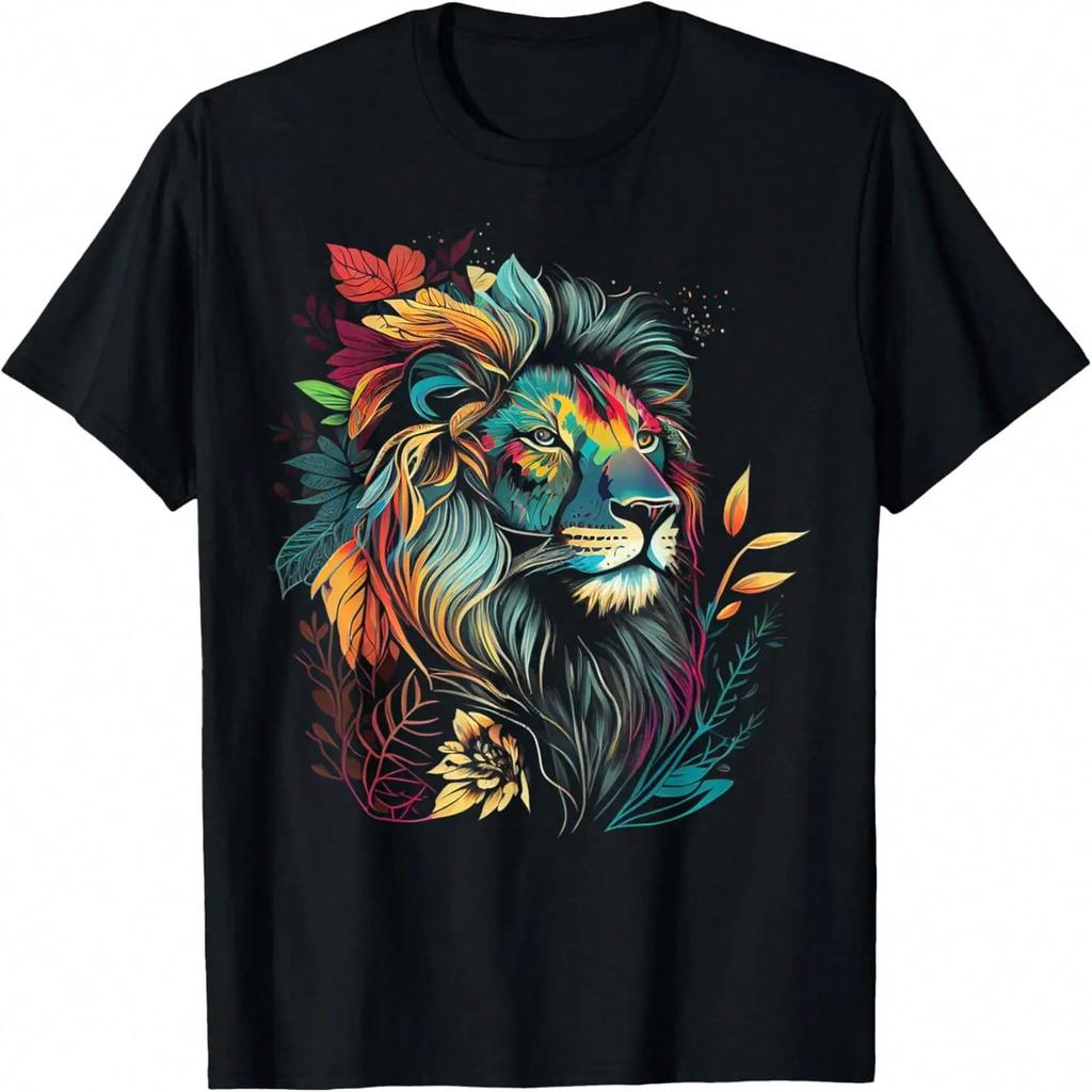 Farbenfroher Löwe Damen Grafik Sommer Blumen Tier Grafik T-Shirt
