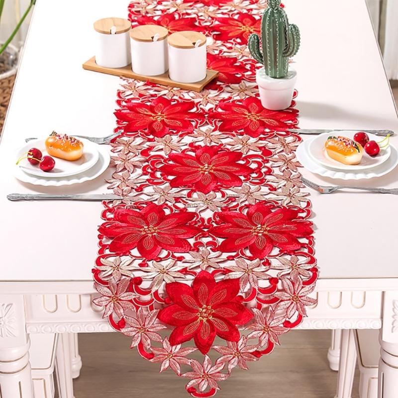 Linen Table Runner Long Embroidered Rustic Table Linen Flower Pattern Hollow Table Cover Dining Room Decoration Home Use