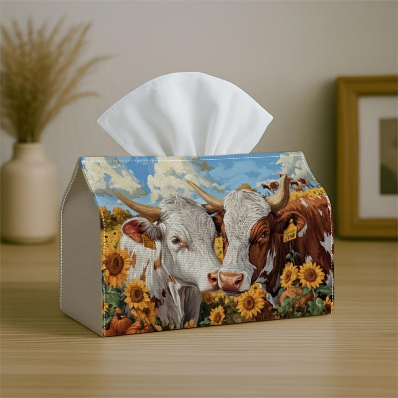 1pc Tissue Box Holder Featuring a Design of Cows And Sunflowers, Embodying Rural Life And Peaceful Nature. Made from Durable Polyester, It'S Perfect f