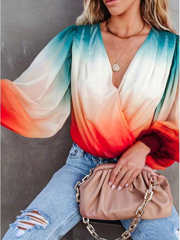 European & American Gradient Chiffon Sexy Printed Long-Sleeve Pullover Women's Shirt for Spring & Autumn