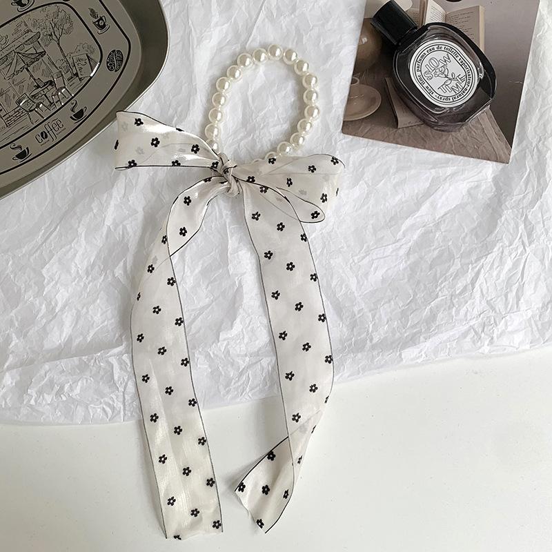 Pearl necklace new polka dot silk scarf high-end organza scarf hair accessories headgear bag ribbon streamer headband
