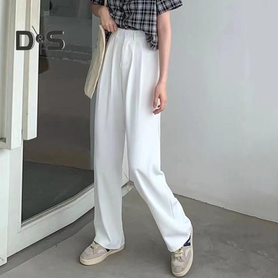Women Suit Pants Button Zipper Fly High Waist Long Trousers Solid Color Straight Wide Leg Office Lady Pants
