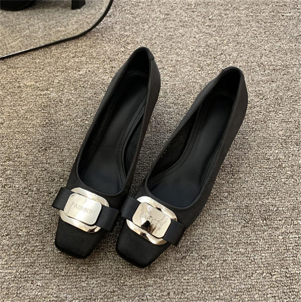 

Женские туфли на высоком каблуке женские 2025 весна французский темперамент элегантный атласный бант квадратный нос легкий рот толстый каблук вечерние туфли 35 чёрный