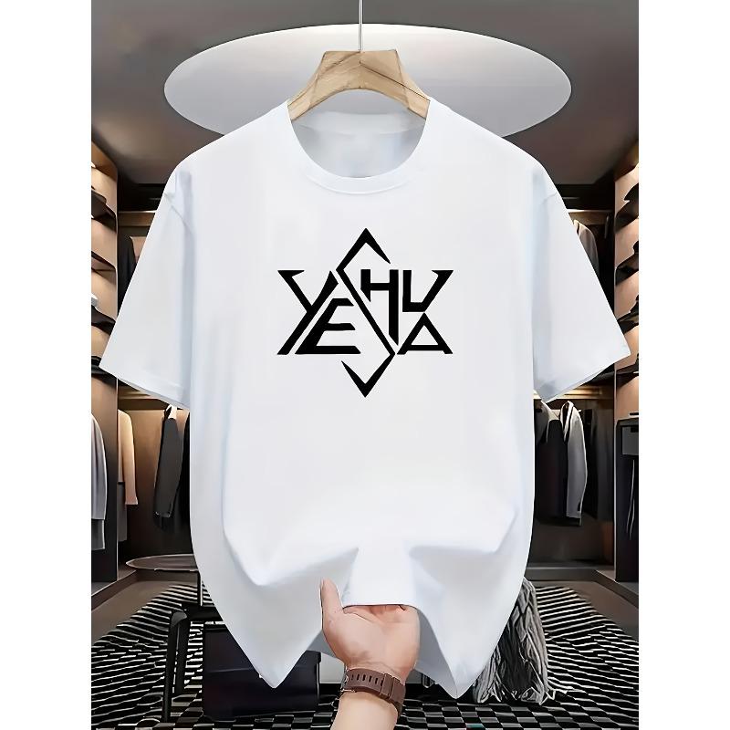 

Black Round-Neck Short-Sleeve T-Shirt Featuring a Creative Combination of The Letters YESHUA And Geometric Star Designs, Blending Faith S чёрный