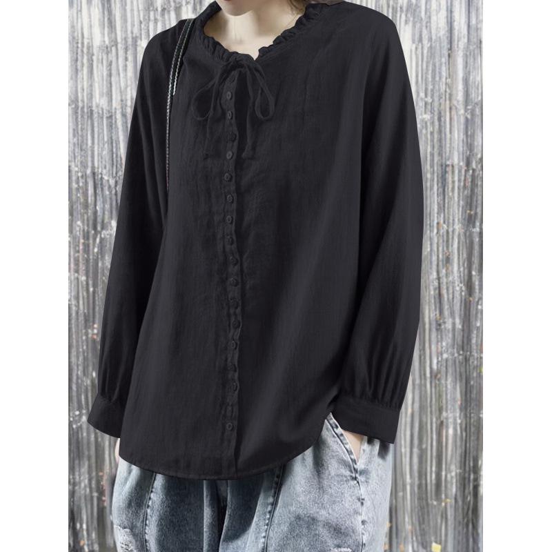 2025 Women s Elegant Pure Cotton Long-Sleeved Button-Up Top XL чёрный