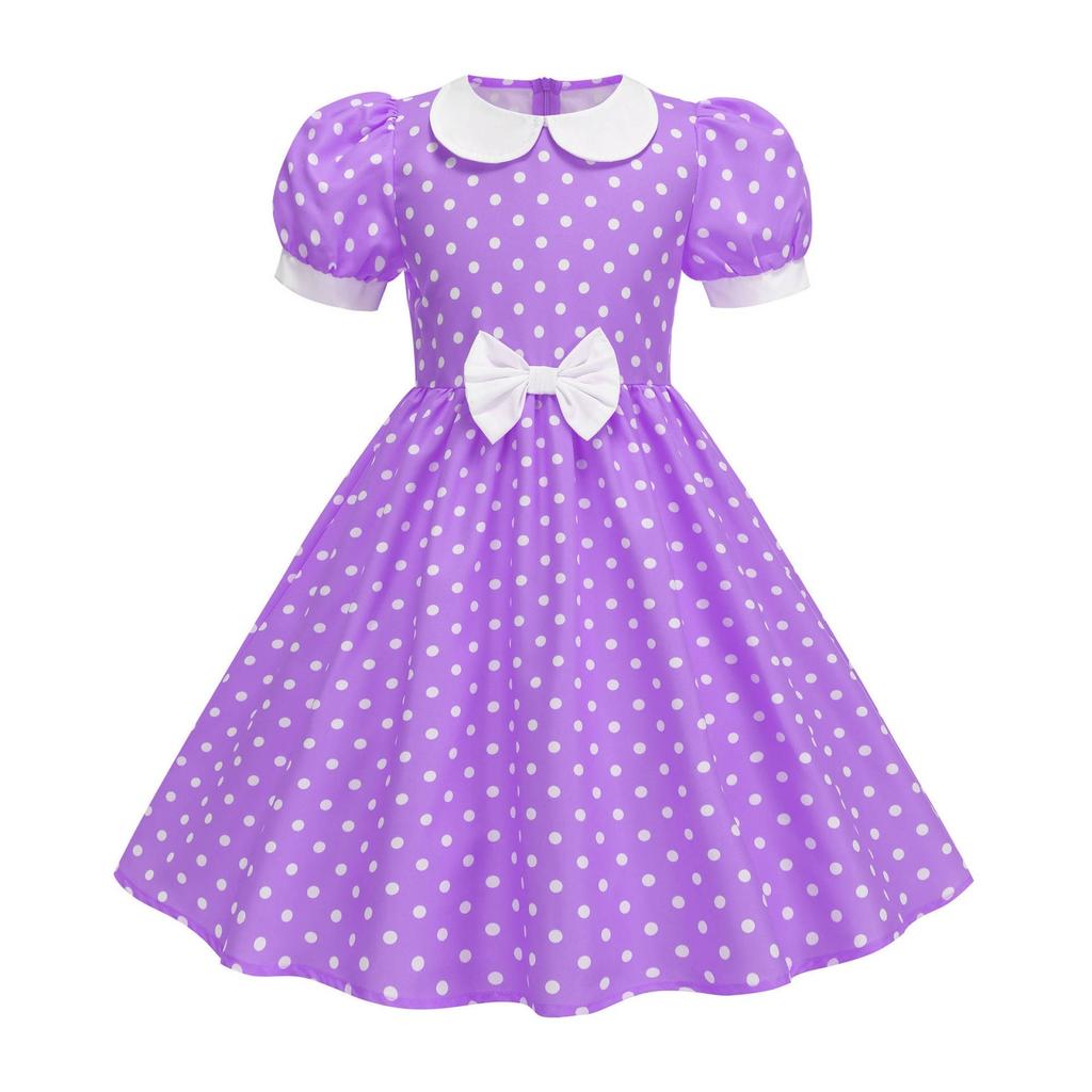 Fashion Children's Short-sleeved Polka Dot Dress With Baby Collar