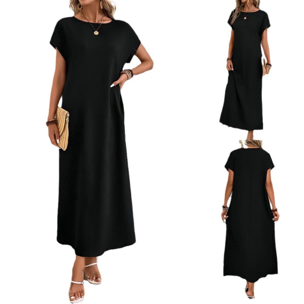 2024 Damen Einfarbig Rundhals Locker Kurzarm Langes Kleid für Frühling & Sommer