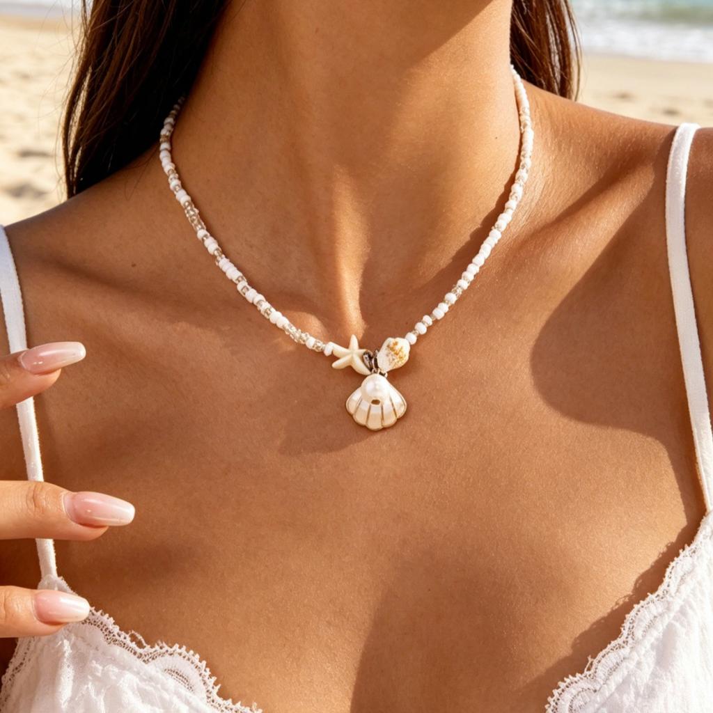 European and American Summer Bohemian Shell Starfish Beaded Collarbone Chain Personalized Versatile Conch Beach Vacation Necklace