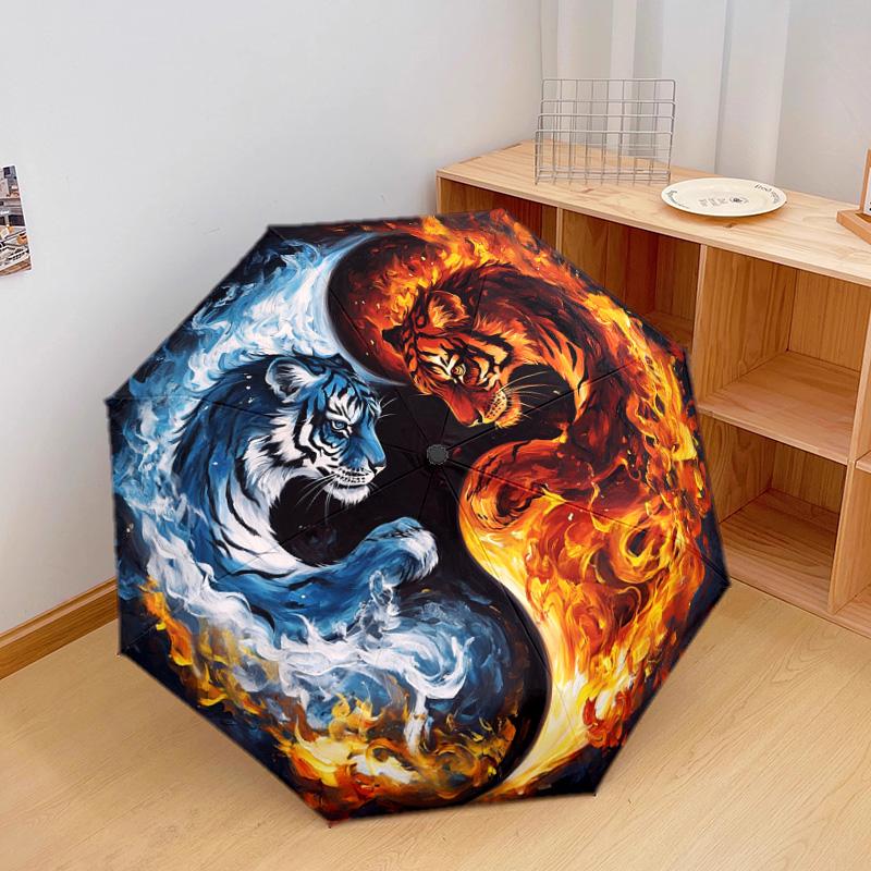 1 PC Automatic Folding Umbrella - Yin Yang Tiger Pattern, Portable & Foldable Design with 8 Ribs, Christmas Birthday Gifts