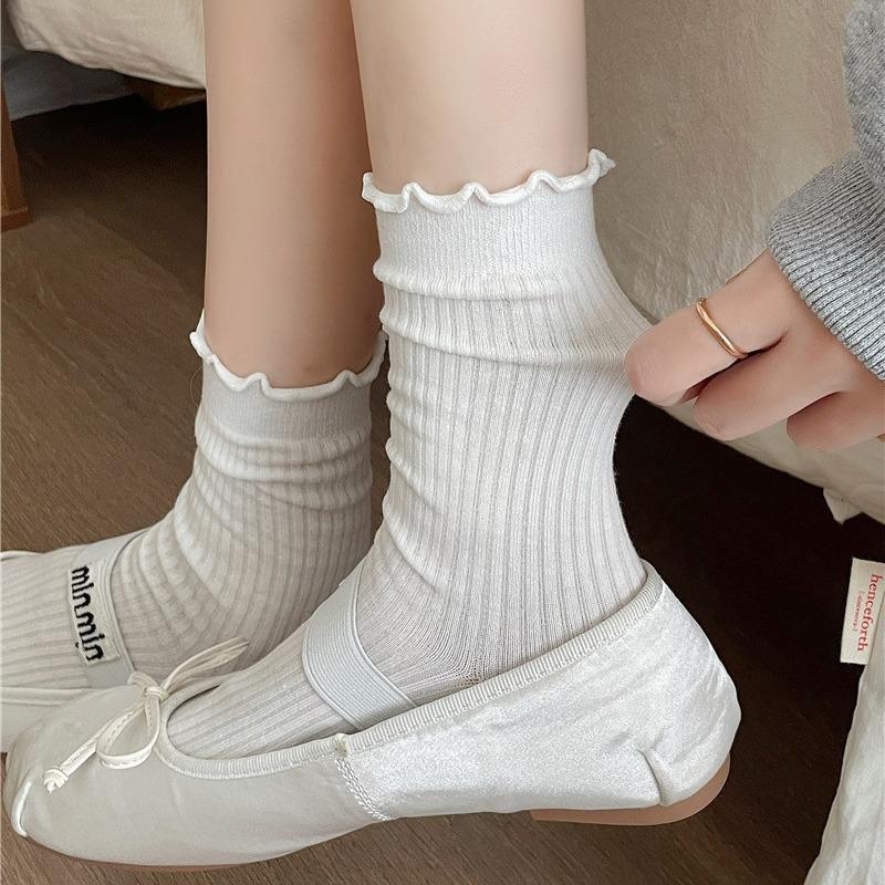 Women's Ribbed White & Gray Lace Trim Socks - Trendy Miu Style
