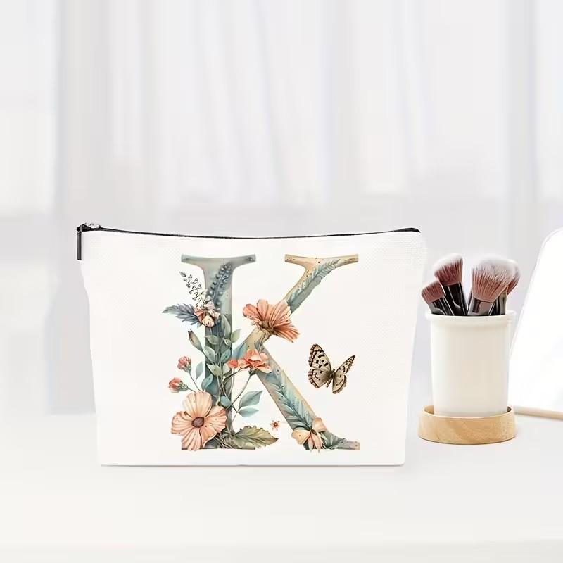 Letter Floral Pattern Zipper Cosmetic Bag Portable Travel Makeup Pouch Multifunctional Toiletry Wash Storage Bag for Women Daily Vacation Organizer