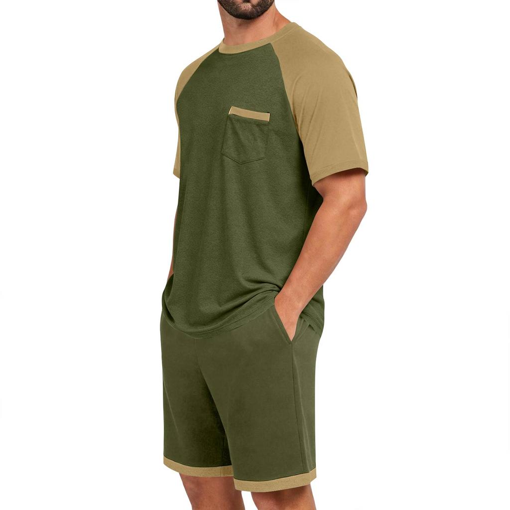 Herren Sommer-Pyjama-Set Kurzarm-Oberteil mit Tasche und passender Hose Leichte atmungsaktive Nachtwäsche Loungewear