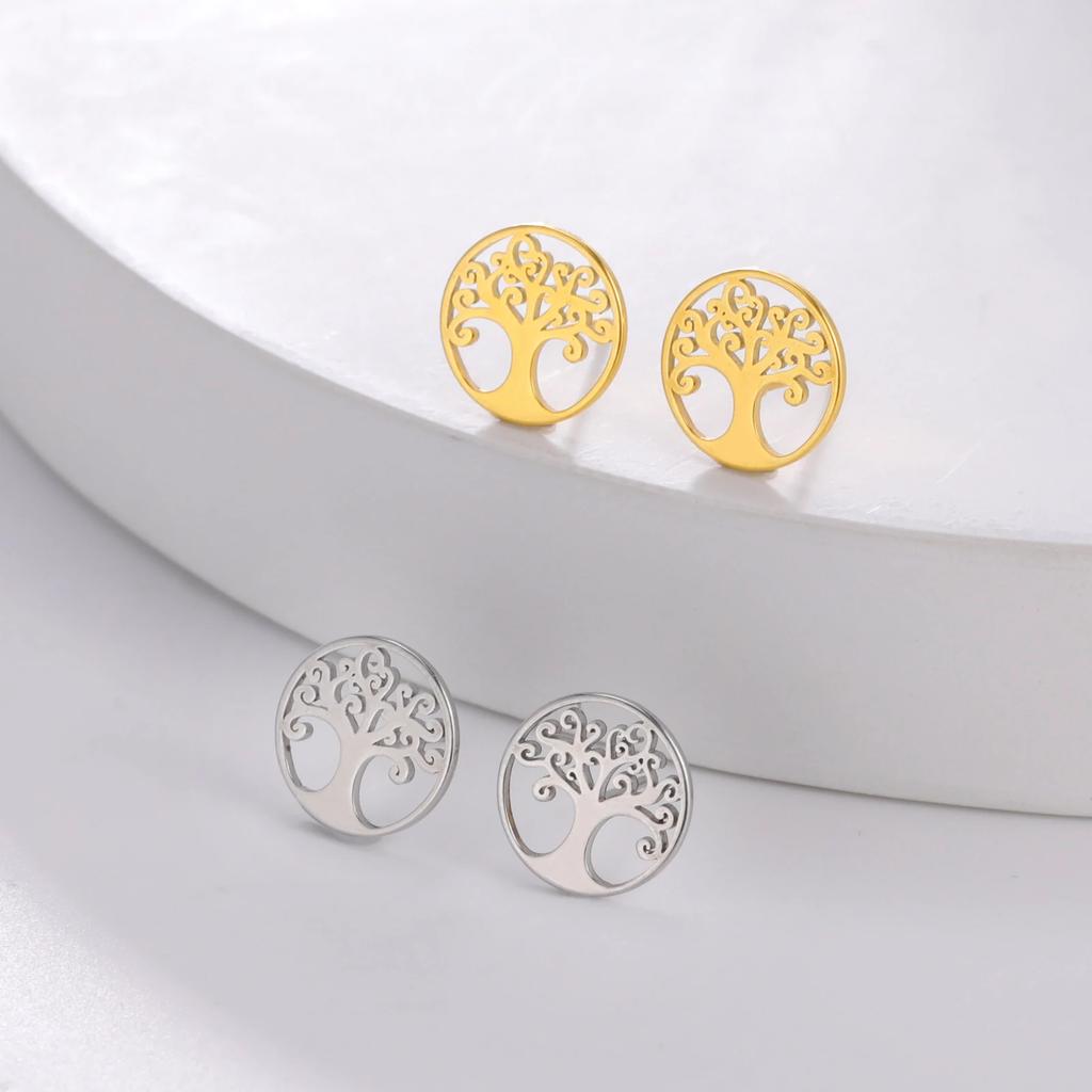 Tree of Life Stud Earring Stainless Steel Gold Amulet Ear Stud Vintage Jewelry Birthday Gift for Mother Friends