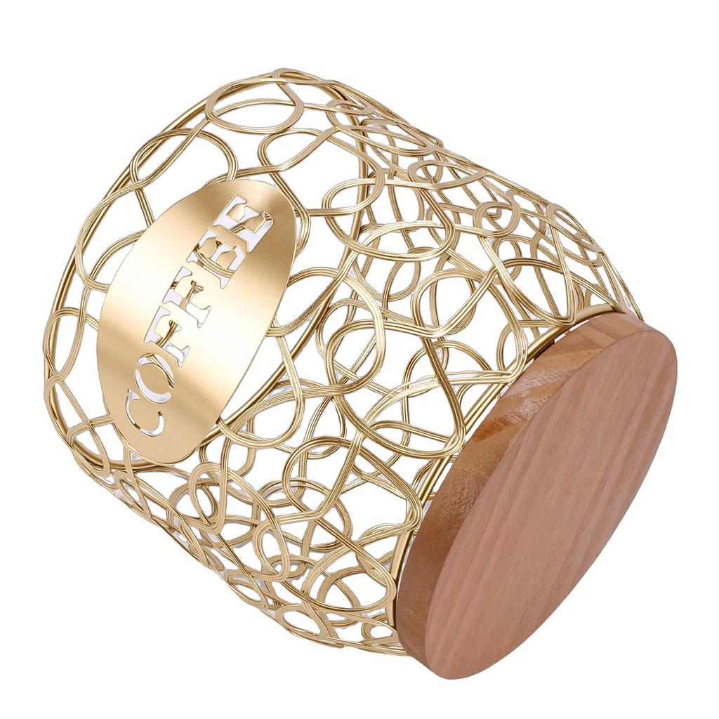 Coffee Pod Holder Organizer Large Capacity Coffee Capsule Storage Basket with Wooden Base for Kitchen Counter Office Desktop Gold