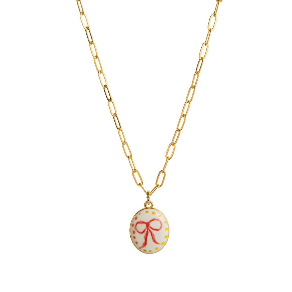 European-American Fresh Plant Series: Lemongrass & Strawberry Bow Pendant Necklace, Clavicle Chain Copper.