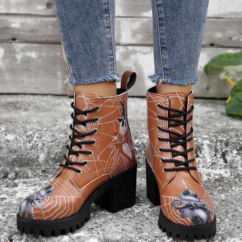 Halloween Skull High-heeled Short Boots 2024 Winter Item Thick Heel Print Design Versatile Fashion Women's Boots Zapatos Mujer