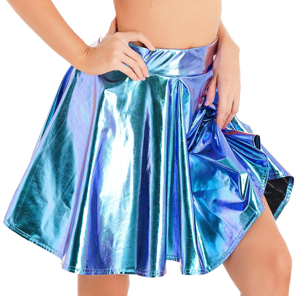High Waist Flare Skirt Club Stage Costume Party Dancewear Shiny Ruffle Skirts for Women