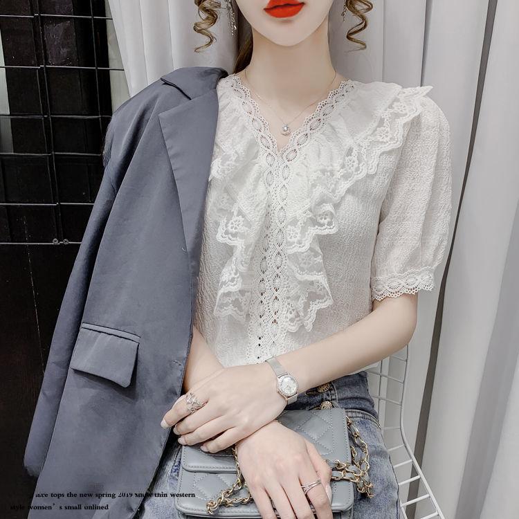 V Neck Lace Blouse Summer Fashion Flounce Short Sleeve T Shirt Women Trendy Youthful Top