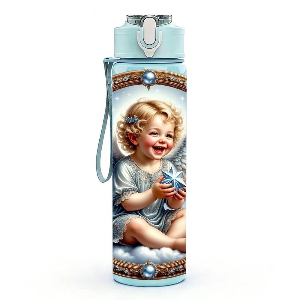 1PC Vintage Angel Baby Religious 750ml Color Plastic Sports Water Bottle Leakproof Flip Straw Lid Suitable for Sports Office Home Use