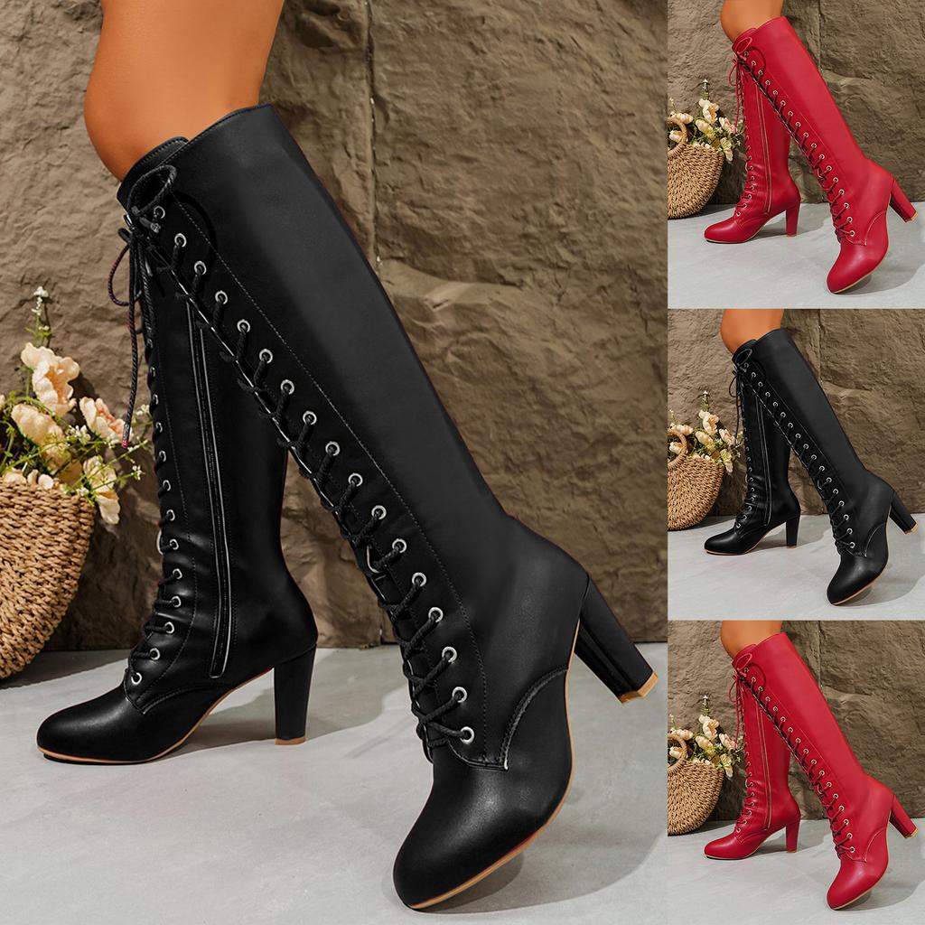 Übergröße Europäische Schnürstiefel Damen Winter Chunky Hoher Absatz Mode Stiefel Damen Stiefel Knielang Weit