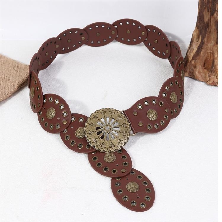 Comfortable Round Disk Waist Belt For Women PU Leather Strap With Ethnic Motifs Everyday Wear