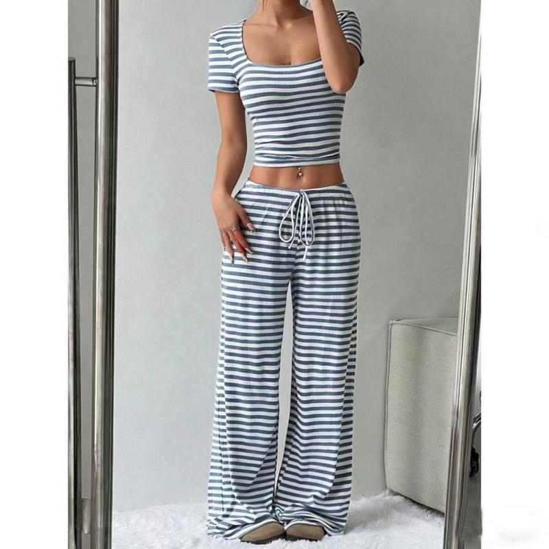 2026 Spring/Summer New Striped Top High-Waisted Slimming Wide-Leg Pants Women's Casual Suit