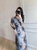 Elegant French-Inspired Ink Painting Dress with Bell Sleeves and Butterfly Waist-Cinching Design