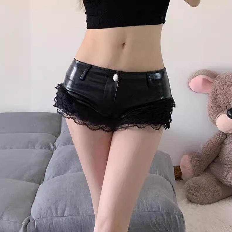 2024 Sexy Lace-Stitched Low Waist PU Leather Hot Shorts - Trendy Women's Nightclub Wear