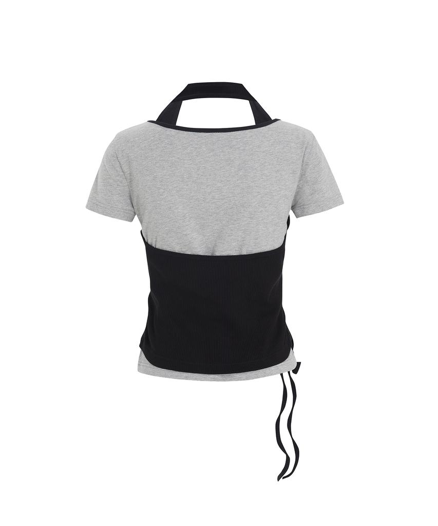 Sekeondeusolteu Strap Layered Ribbed Halter Neck T-Shirt (Melange Grey)