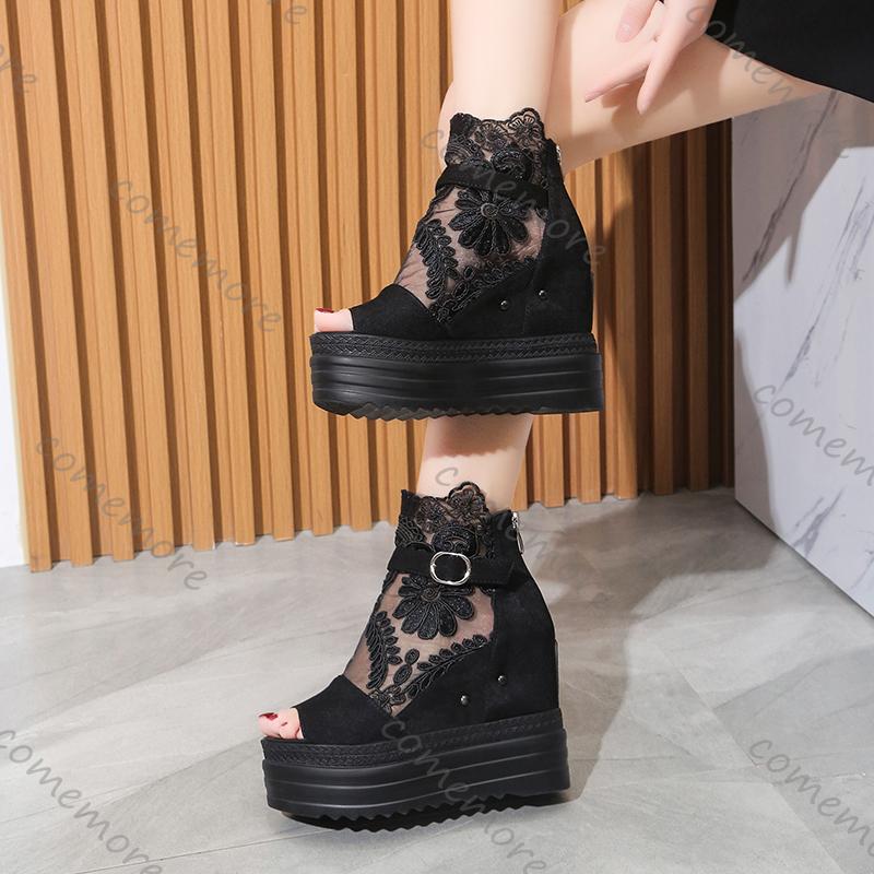 Fashion Comemore Summer Buckle Platform Sandals Women Cool Boots 10cm Wedges High Heel Height Increasing Peep Toe Lace Breathable Shoes