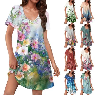 Women's Casual Sundress With Pockets Summer Boho Beach Dress Floral Blouses For Women T-Shirts Dress V Neck Loose  Dresses