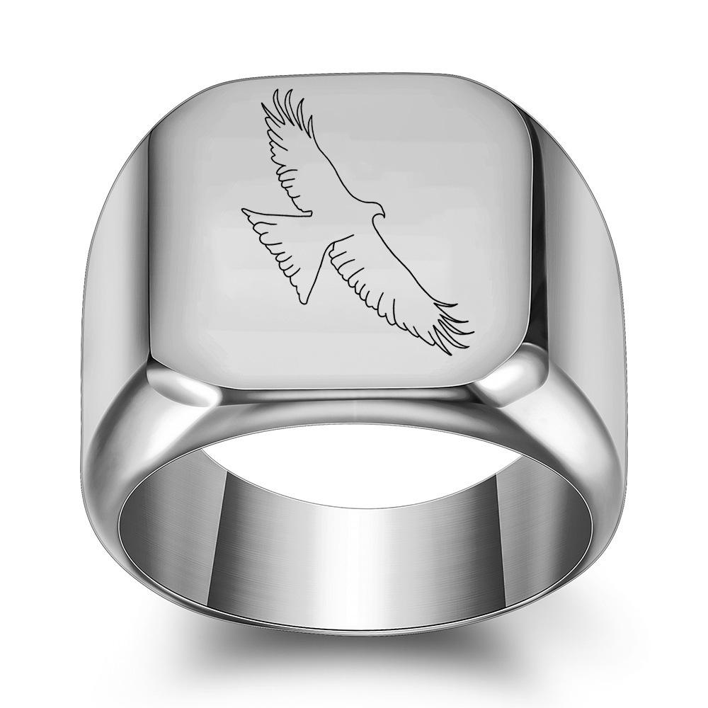 European-American Creative Square Smooth 18MM Laser-Etched Flying Eagle Retro Ring Size 5 стальной