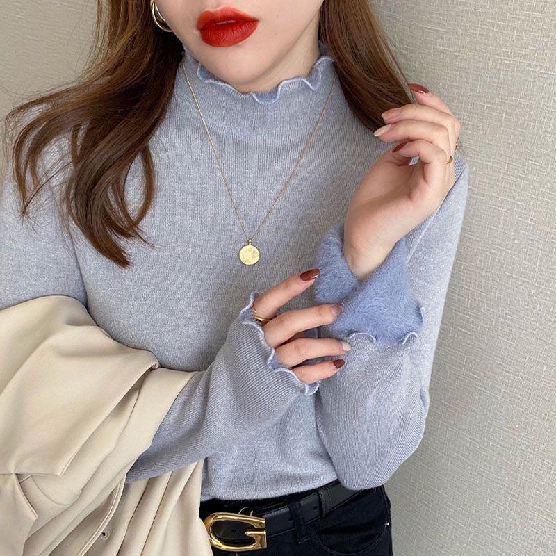 Women's Fleece-Lined Slim-Fit Pullover Sweater: Half-High Collar, Autumn/Winter Base Layer, Hot Item