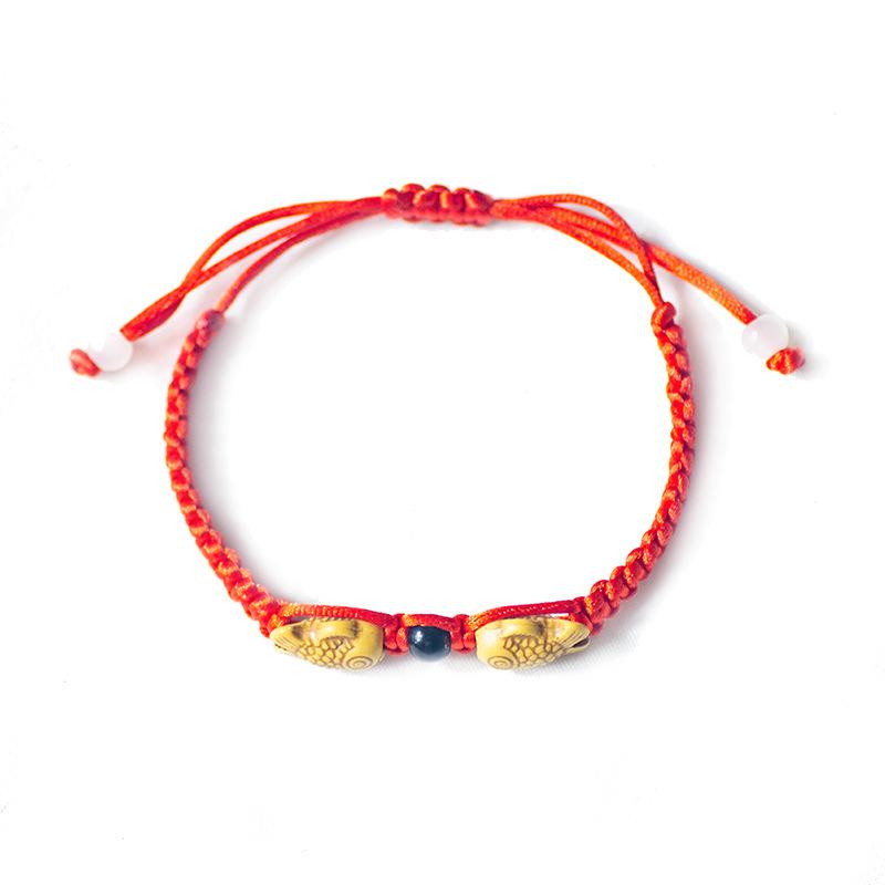 Dragon Boat Festival Zodiac Bracelet: Handmade Red Woven Rope with Double Fish Charm