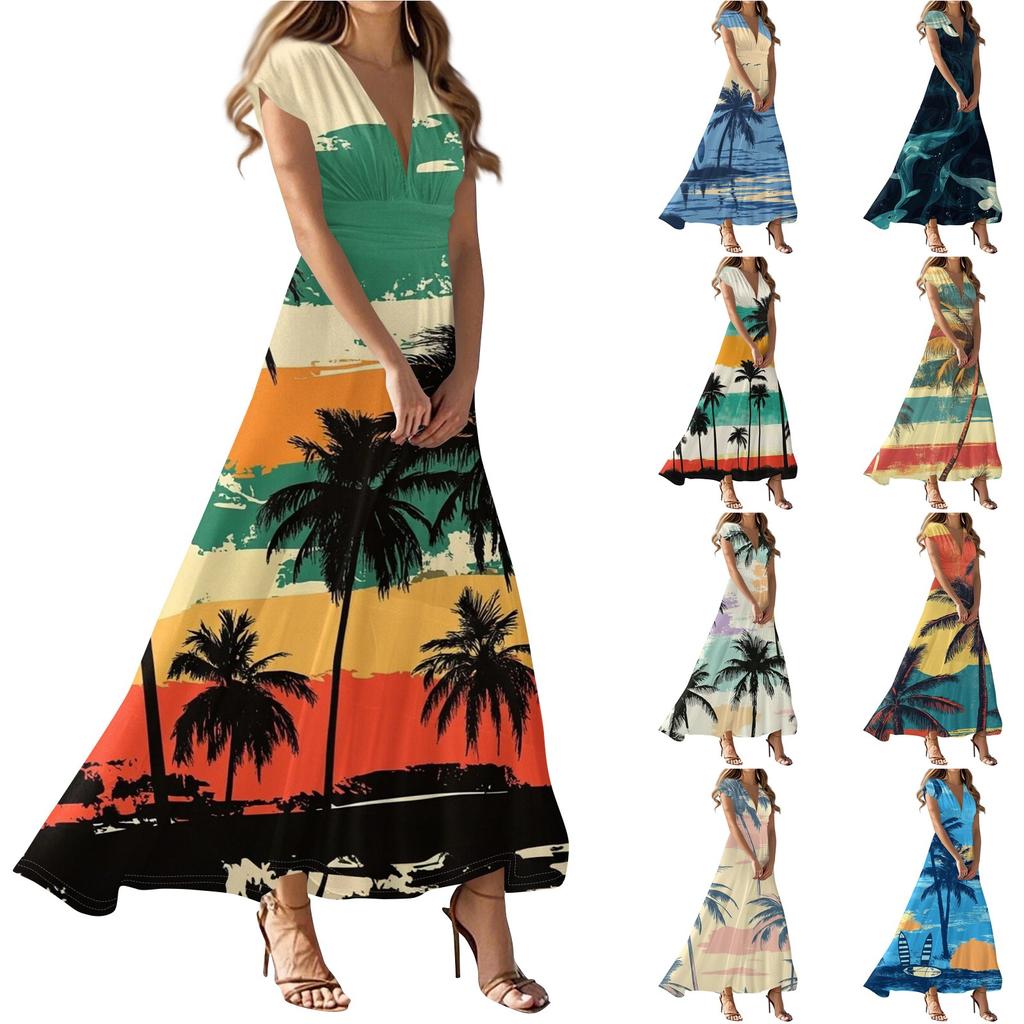 Women's Summer Casual Fashion Beach Printed Dresses V-Neck Short Sleeve Dresses