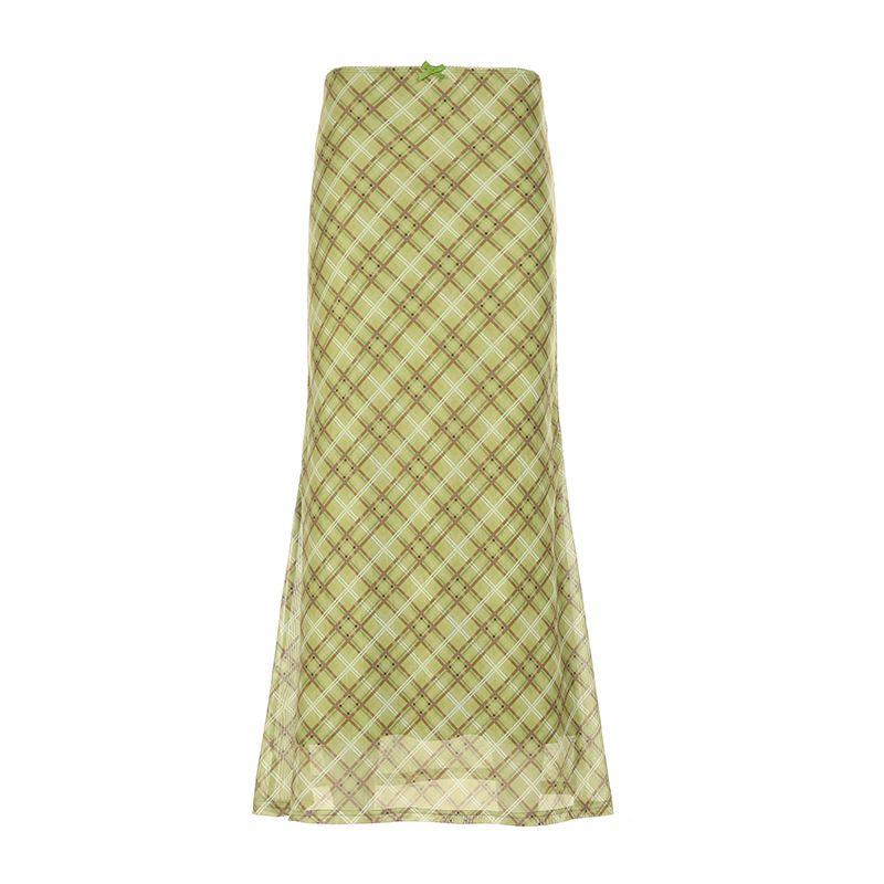 

H s Home European and American Women s Clothing Full of Green Green Plaid Retro Skirt Niche Style Sexy Low Waist Fishtail Dress Tide Green L