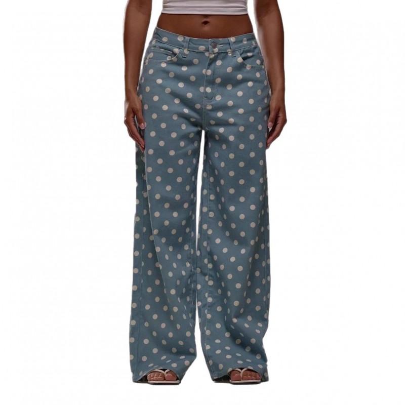 Polka Dot Loose Fit Mid-Rise Straight Leg Denim Jeans Women Comfortable Casual Style
