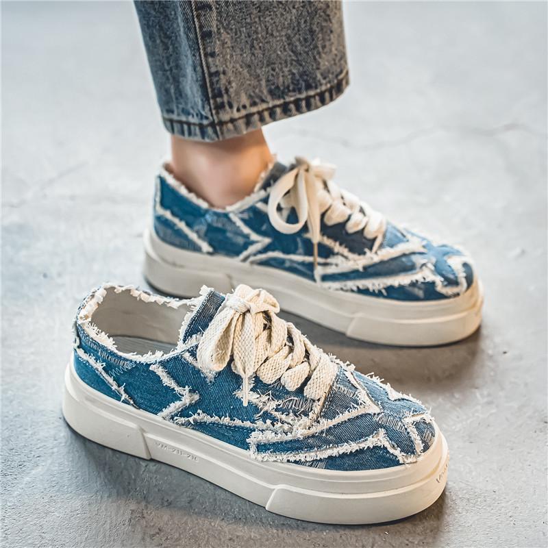Men's Distressed Denim Canvas Shoes Thick Sole Frayed Edge Casual Low-top Fashion Shoes