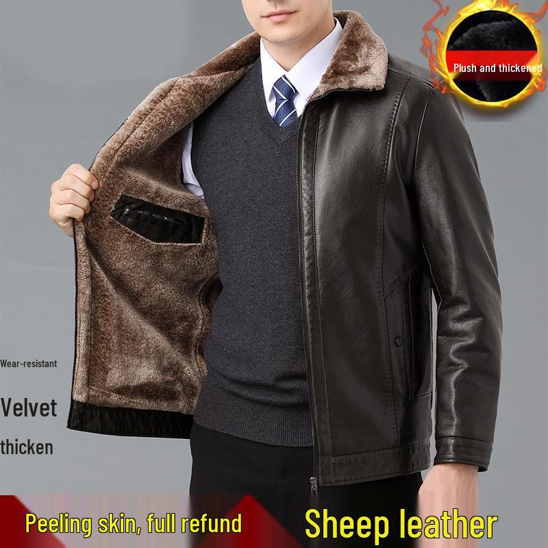 Men's Shearling Leather Jacket with Fleece Lining for Middle-Aged and Elderly Dads
