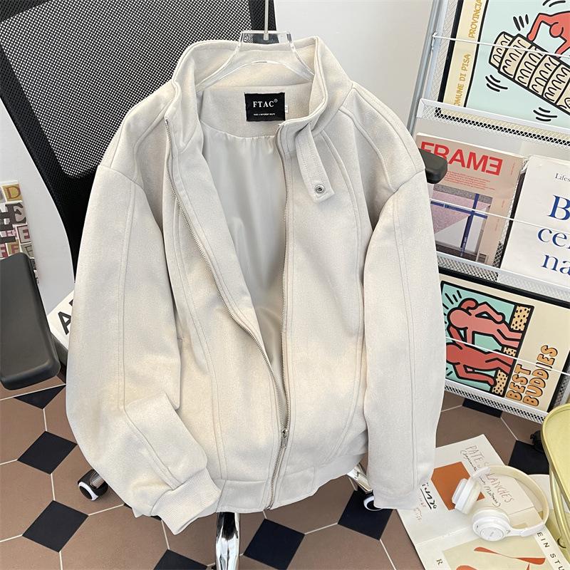 

Unisex Faux Suede Plush Stand Collar Jacket - Trendy Heavyweight Autumn Outerwear, Clean Fit, Versatile Solid Color. 2XL сірий колір