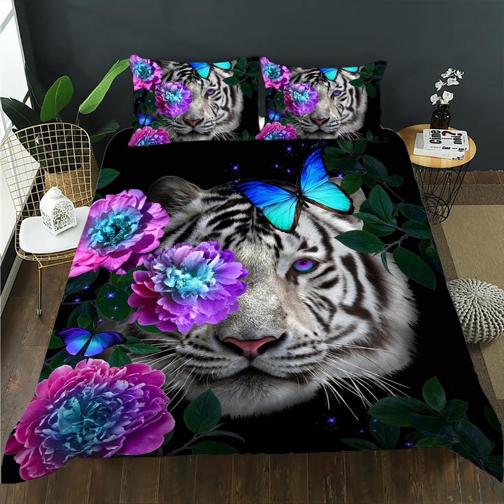 White Tiger Duvet Cover Set Queen Size Wildlife Comforter Covers Animal Print Bedding Set For Boys Girls Kids Art Bedroom Decor