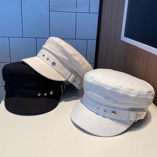 Women Extended Brim Beret Hat Flat Dome Star Decor Adjustable Newsboy Hat Outdoor Solid Color Painter Hat Streetwear
