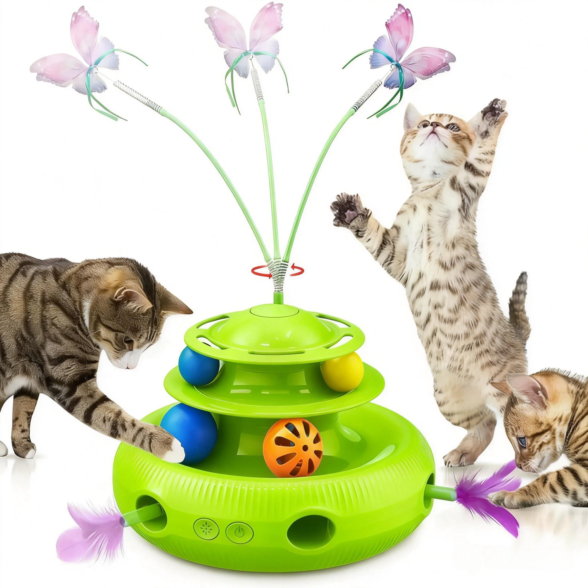 

Cat Toys,4-in-1 Rechargeable Automatic Interactive Cat Toy Fluttering Butterfly,Random Moving Ambush Feather,Two-Tier Track Ball синій