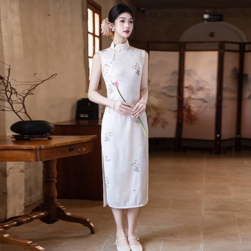 White sleeveless national style new Chinese daily Suzhou long cheongsam improved young 1011 new women's high sense