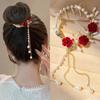 New Pearl Rose Flower Tassel Ponytail Clip Hairpin Bun Hair Accessory Headwear