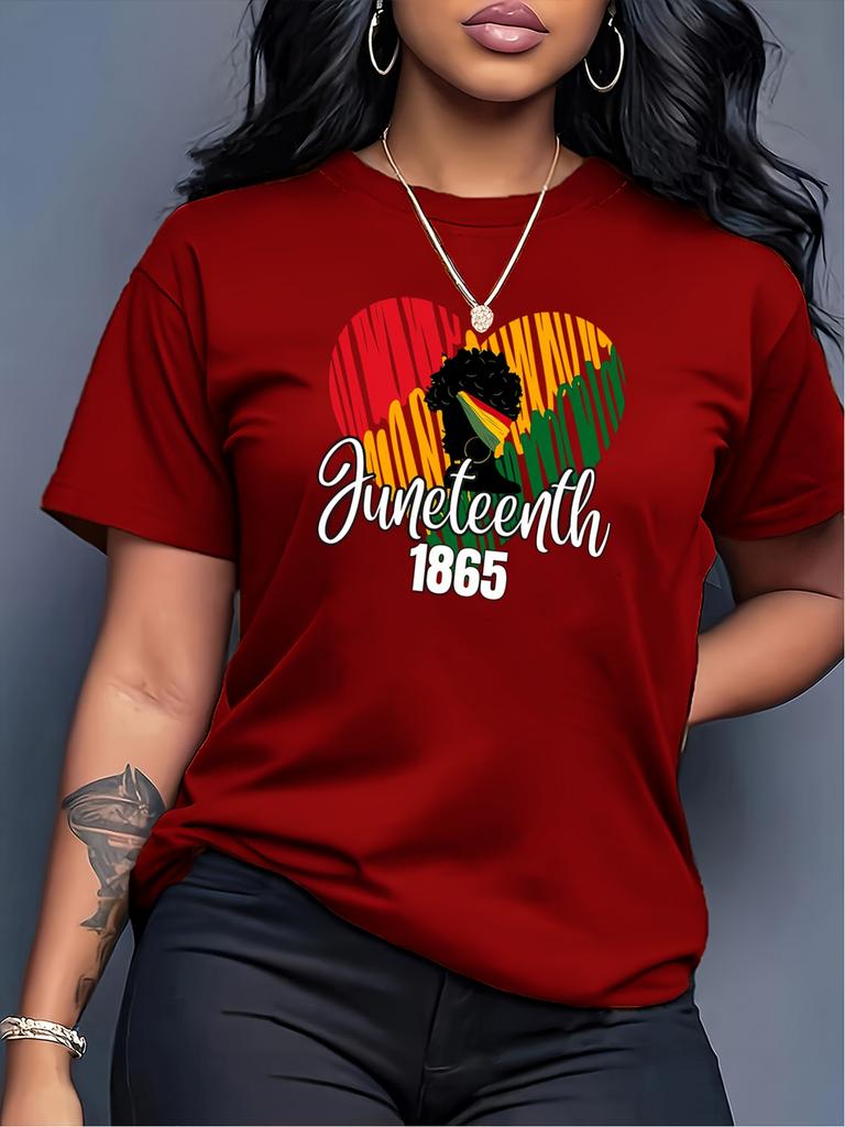 Women's Retro Juneteenth Graphic T-Shirt  1865 Commemorative Design with Colorful Stripes  Cursive Lettering Comfortable Tee